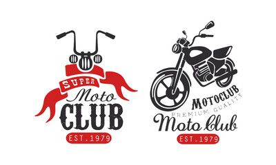 Sticker - Super Moto Club Retro Logo Templates Set, Racer Club Premium Quality Badges with Classic Motorcycle Vector Illustration