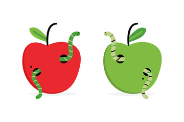 Wall Mural - Couple of fresh apples with worms inside. Vector cartoon style icons, illustration.
