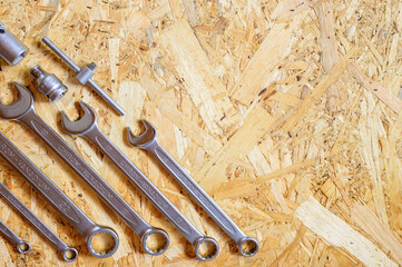 Canvas Print - set of various repair hand tools or auto mechanic's tools. repair tool kit. equipment for building. wooden background, pattern, top view. space for text