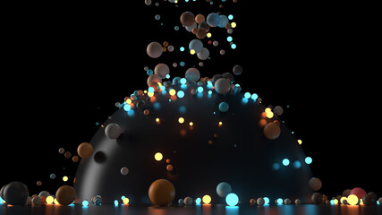 Fototapete - Glossy and illuminating spheres are falling down to big reflective sphere and floor. 3d render background.