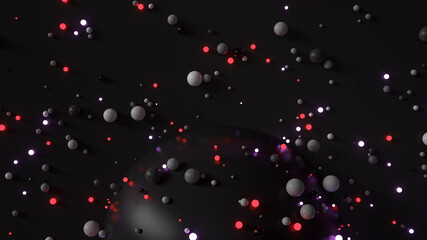 Fototapete - Glossy and illuminating spheres are falling down to big reflective sphere and floor. 3d render background.