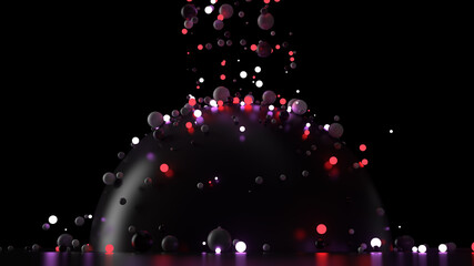 Fototapete - Glossy and illuminating spheres are falling down to big reflective sphere and floor. 3d render background.