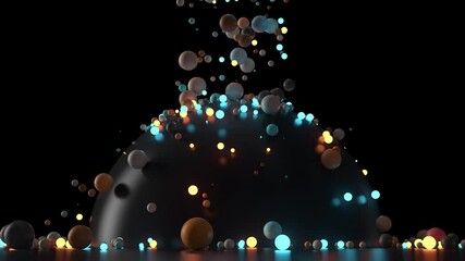 Fototapete - Glossy and illuminating blue and orange spheres are falling down to big reflective sphere and floor. 3d render background. 