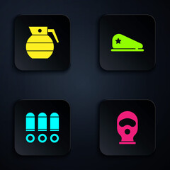 Poster - Set Balaclava, Hand grenade, Bullet and Military beret. Black square button. Vector.