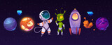 Fototapeta Fototapety na ścianę do pokoju dziecięcego - Alien planets, astronaut, funny extraterrestrial and rocket on background of outer space. Vector cartoon set of spaceship, cosmonaut and green alien character in cosmos