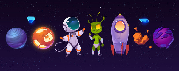 Poster - Alien planets, astronaut, funny extraterrestrial and rocket on background of outer space. Vector cartoon set of spaceship, cosmonaut and green alien character in cosmos