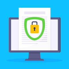 Wall Mural - Privacy policy, safety lock and data protection metaphor. Shield with padlock on the computer monitor screen with personal data security protection symbol flat style design vector illustration.