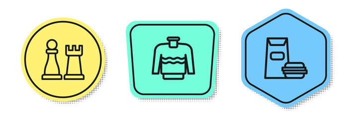 Poster - Set line Chess, Sweater and Burger. Colored shapes. Vector.