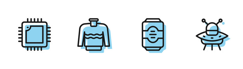 Aufkleber - Set line Energy drink, Processor with CPU, Sweater and UFO flying spaceship icon. Vector.