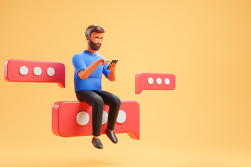 Cartoon beard character man seat on red text bubble and use smartphone over yellow background.