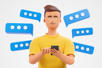 Happy cartoon character  man in yellow tshirt use smartphone over white background with blue text bubbles.