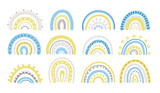 Fototapeta Boho - Spring pastel rainbow in blue and yellow clipart set - baby cartoon rainbows isolated on white background, cute nursery decorative design elements, vector kids illustration