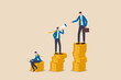 Income gap, inequality revenue in capitalism or career development to earn more income, middle income trap concept, businessman poor, middle and rich worker standing on stack of their wealth coins.