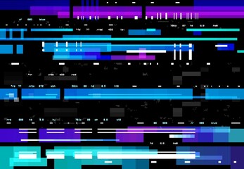 Leinwandbilder - Abstract background with glitch effect, vector glitched distortion colored horizontal stripes, numbers and random pixels on black screen. Television distorted glitch video effect, no signal TV frame