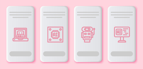 Aufkleber - Set line Creating robot, Processor with microcircuits CPU, Robot low battery charge and Software. White rectangle button. Vector.
