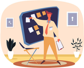 Fototapete - Businessman points to sheets of paper on board. Man makes presentation of project at home. Male character standing near presentation of business development in apartment. Analysis report concept
