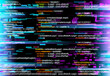 Abstract background with glitched program code parts. Vector backdrop with programming language and random glowing pixels. Black monitor screen with distortion and glitch effect, computer error or bug