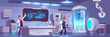 © klyaksun - Scientists in laboratory conduct experiment, men scientific research in cryonics or chemical lab with equipment microscope, glass flasks, cryo camera with low temperature Cartoon vector illustration