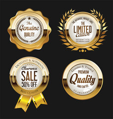 collection of golden badges labels laurels and ribbons