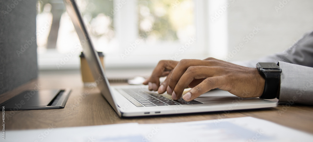 Man hands typing on computer keyboard closeup, businessman or student using laptop at office panoramic banner, online learning, internet marketing, working from home, home workplace freelance concept - obrazy, fototapety, plakaty 
