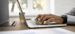 © kite_rin - Man hands typing on computer keyboard closeup, businessman or student using laptop at office panoramic banner, online learning, internet marketing, working from home, home workplace freelance concept