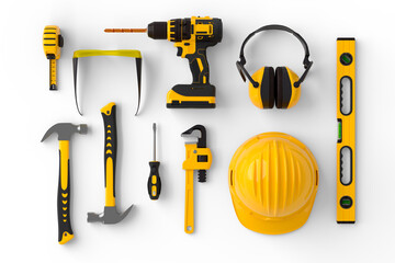 Set of construction tools for repair and installation on white background