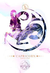 modern magic witchcraft card with astrology capricorn zodiac sign with alcohol ink texture. zodiac c
