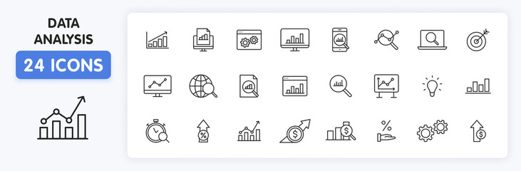 Poster - Set of 24 Data Analysis web icons in line style. Graphs, Analysis, Big Data, growth, chart, research. Vector illustration.