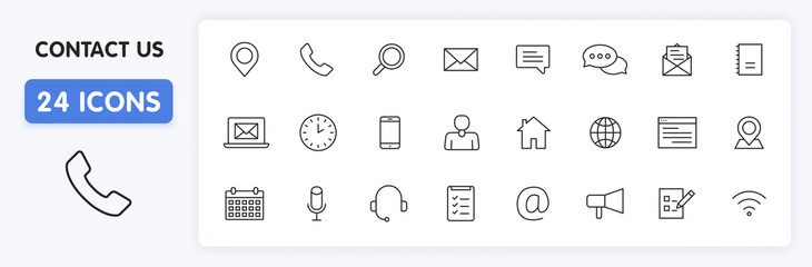 Poster - Set of 24 Contact Us web icons in line style. Web and mobile icon. Chat, support, message, phone. Vector illustration.