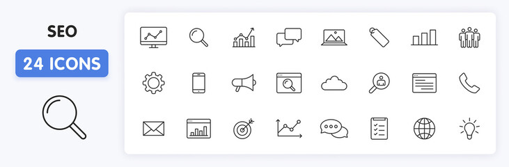 Poster - Set of 24 SEO and Development web icons in line style. Contact, Target, Website. Vector illustration.