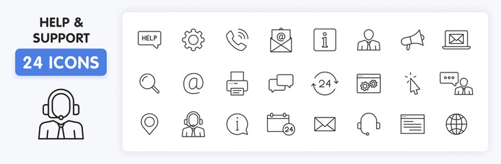 Poster - Set of 24 Support and Help web icons in line style. Assistance, email, customer, 24 hrs, service, contact. Vector illustration.