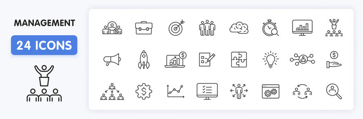 Set of 24 Management web icons in line style. Media, teamwork, business, planning, strategy, marketing. Vector illustration.