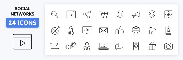 Wall Mural - set of 24 social networks web icons in line style. marketing, feedback, management, target, like, co