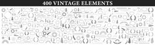 Set Of 400 Design Elements. Wreath, Frames, Calligraphic, Swirls Divider, Laurel Leaves, Ornate, Award, Arrows. Decorative Vintage Line Elements Collection. Vector Illustration.