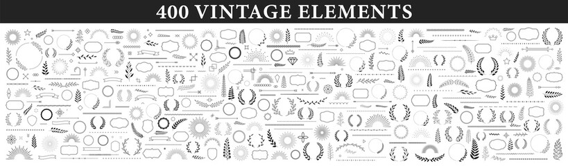 Set of 400 design elements. Wreath, frames, calligraphic, swirls divider, laurel leaves, ornate, award, arrows. Decorative vintage line elements collection. Vector illustration.