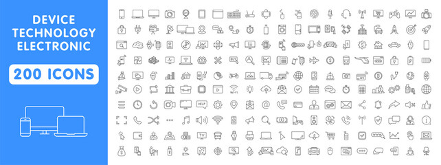 Fototapete - Big set of 200 Technology and Electronics and Devices web icons in line style. Device, phone, laptop, communication, smartphone, ecommercem, network, business, media. Vector illustration.