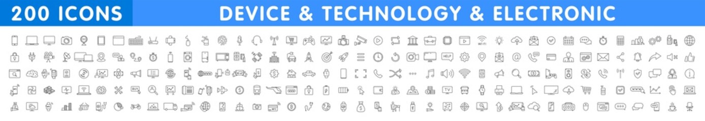 Fototapete - Big set of 200 Technology and Electronics and Devices web icons in line style. Device, phone, laptop, communication, smartphone, ecommercem, network, business, media. Vector illustration.