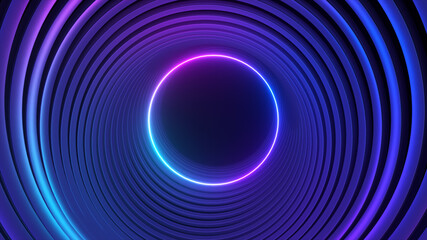 Wall Mural - Blue violet neon circle abstract futuristic high tech motion background. 3d illustration