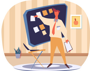 Fototapete - Man standing near presentation of business development or investment growth. Analysis report concept. Businessman points to stickers on board. Man in business suit makes presentation of project
