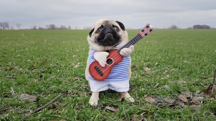 Wall Mural - Cute funny pug dog playing on guitar in green wheat field, dressed in straw hat like farmer