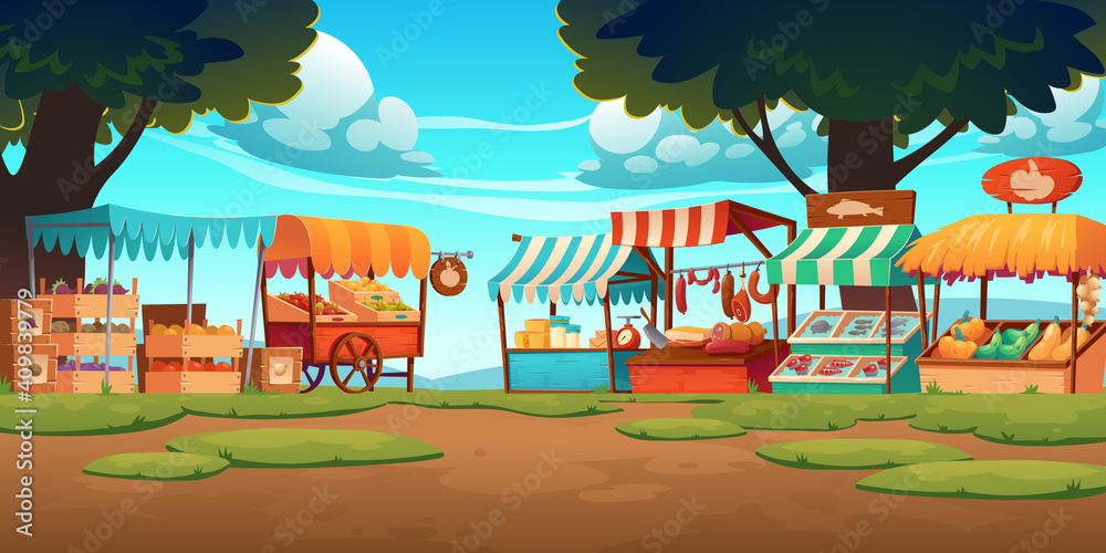 Food market stalls with fruits, vegetables, cheese, meat and fish on counter and in crates. Vector cartoon landscape with traditional marketplace tents with farm produce, wooden kiosks with canopy