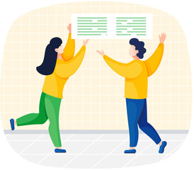 Fototapete - People holding board with text over their heads, working analysts. Business people and information block. Vector flat illustration with man and woman advertise products and pay attention to something