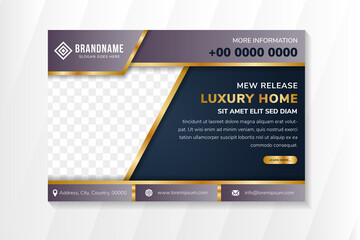 Poster - new release luxury home flyer design template use horizontal layout. dark blue background with gold 
