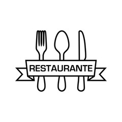 Poster - Logotipo con palabra Restaurante en español escrito en listón sobre cubiertos con lineas en color negro