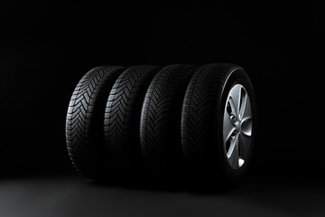 Set of wheels with winter tires on black background