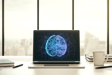 Poster - Creative artificial Intelligence concept with human brain sketch on modern laptop monitor. 3D Rendering