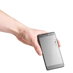 Smartphone with a broken screen in a man's hand on a white background. Isolated.