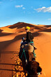 A young women in a yellow cap rides a camel led by a Berber through the dunes in the Sahara Desert, Merzouga, Morocco