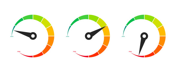 Poster - Set of color vector speedometer. Speedometer icon, modern flat design. Rating customer satisfaction. Level indicator. Tachometers. Internet Speed. Speed, power and fuel gauge meter stages. Ratings.