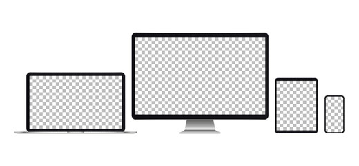 Aufkleber - Electronic gadgets. Set of realistic computer monitors, laptops, tablets and mobile phones with tansparent screen on white background. Design smart digital device set. Vector illustration. Eps10